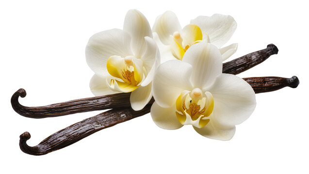 White orchid flowers and dark vanilla beans