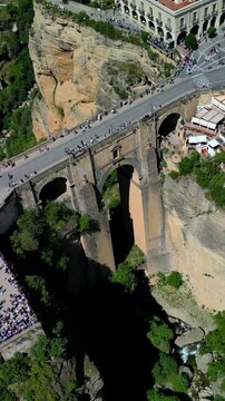 Vertical aerial panoramic view of the Puente Nuevo (New Bridge) in Ronda, Granada, Andalusia, Spain.