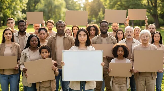 Diverse group of people holding protest signs and whiteboards in park expressing opinion unity solidarity protest gathering diverse society.