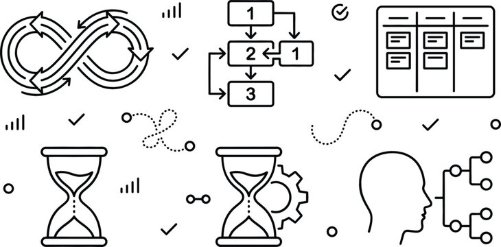Project management and agile development line icon set with infinity loop flowchart kanban board hourglass and workflow logic