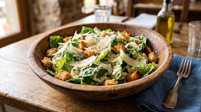 Fresh Caesar Salad with Croutons and Parmesan Cheese in Wooden Bowl
