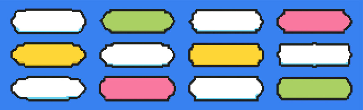 Pixel speech bubble label collection. Includes retro dialog boxes, message panels and game interface tags in pixel art style