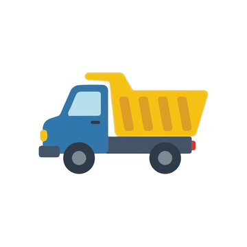 Cute blue and yellow dump truck toy construction vehicle flat vector illustration isolated