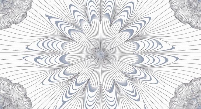 Intricate pale indigo blue guilloche line pattern on white background featuring a central symmetrical floral starburst design with wavy fine lines and security print textures.