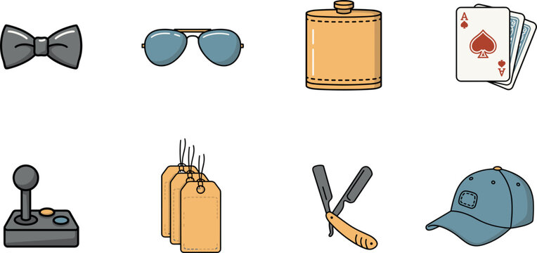 Men Lifestyle and Fashion Accessories Icon Set Featuring Bow Tie Aviator Sunglasses Hip Flask Playing Cards Joystick Tags Straight Razor and Baseball Cap