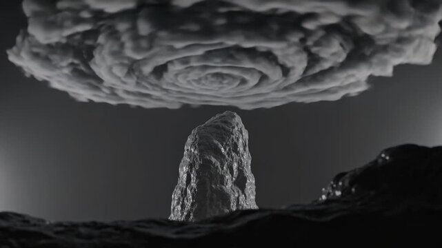 Shifting spiral cloud disk causing pillar highlights and right mound ripples at rocky coastal plain