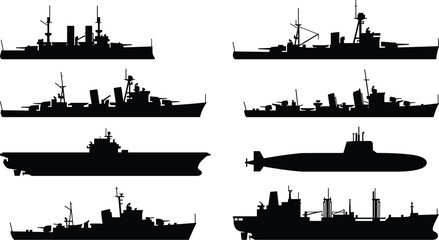 Military Naval Warship and Submarine Silhouette Collection Vector Set Featuring Battleships, Aircraft Carrier, and Maritime Defense Vessels © Biplob Creators