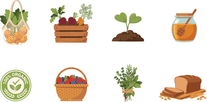 Organic Farmers Market Vector Icon Set Featuring Fresh Produce Eco Shopping Bag Harvest Vegetables Sprout Honey Berries Herbs and Artisanal Whole Wheat Bread