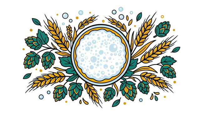 Whimsical flat vector illustration featuring a refreshing glass of foamy craft beer surrounded by stylized golden wheat stalks and fresh green hop cones