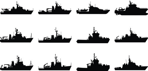 Modern Naval Patrol Boat and Military Warship Silhouette Collection Vector Set for Maritime Defense and Security Applications © Biplob Creators
