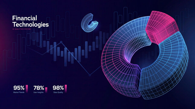 3d wireframe donut chart with a pink segment displayed on a digital financial interface showing line graphs bar charts and percentage statistics on a dark purple background