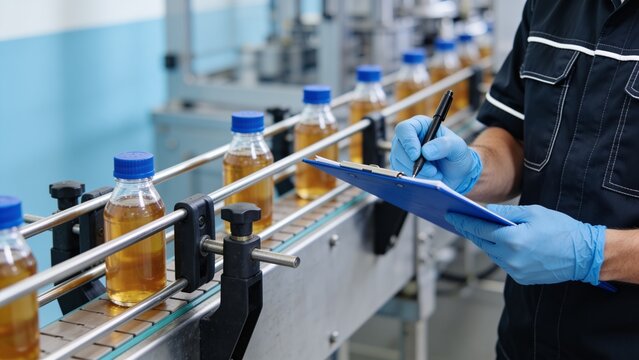 Beverage production line with plastic bottles and technician recording inspection data