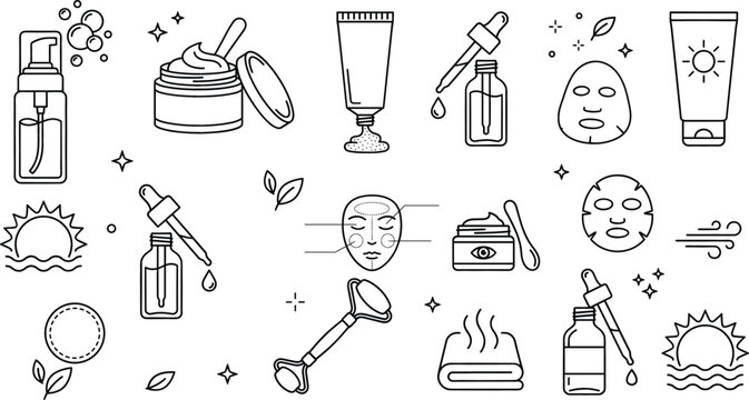 Skin care and cosmetic line icons set with beauty products face mask serum bottle cream and wellness elements