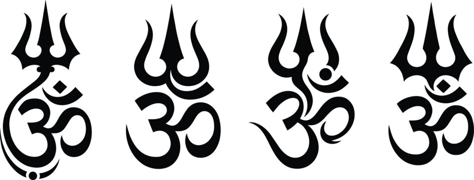 Om symbol with trishul trident vector set of traditional Hindu spiritual icons isolated on white background