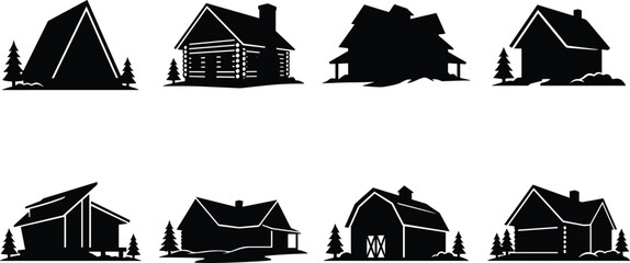 Rustic House and Cabin Silhouette Vector Set with Countryside Homes Barns and Cottage Buildings Collection © Biplob Creators