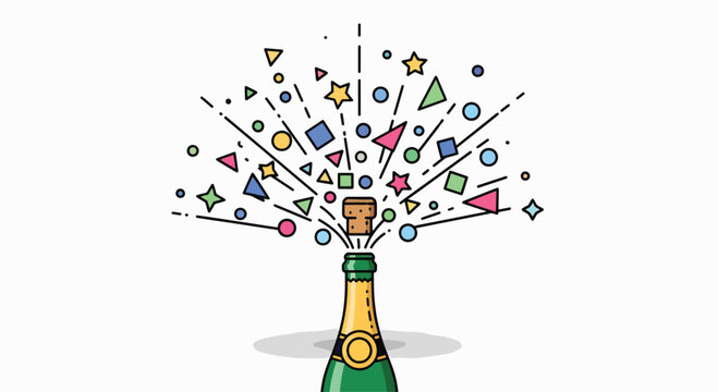 A champagne bottle bursts open with colorful confetti and stars exploding upwards in celebration.