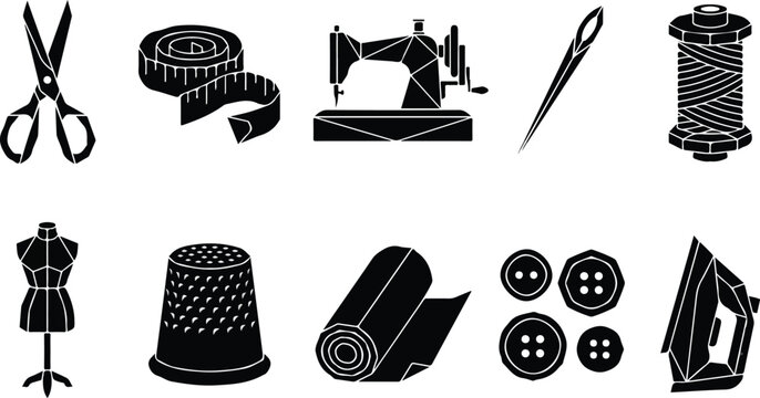 Sewing and tailoring equipment silhouettes set, fashion dressmaker craft icons with sewing machine, scissors, fabric, thread, and mannequin vector illustrations.