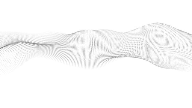 Abstract slow motion wave lines and dot pattern, white and gray monochrome digital flow, smooth particle wave on light background, 4k, 60 fps, HUD, loop