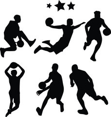 Basketball player silhouettes set with athletes dribbling jumping and slam dunking isolated on white background © MDKhademul