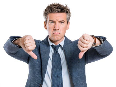 Man in suit giving two thumbs down with a displeased expression.
