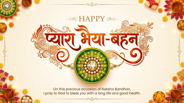 Indian festival Raksha Bandhan hand lettring Greeting Card Template Design with rakhi and creative text