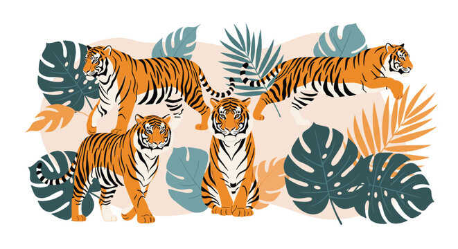 Set of majestic tigers in various poses walking and sitting surrounded by large tropical palm and monstera leaves in jungle setting.