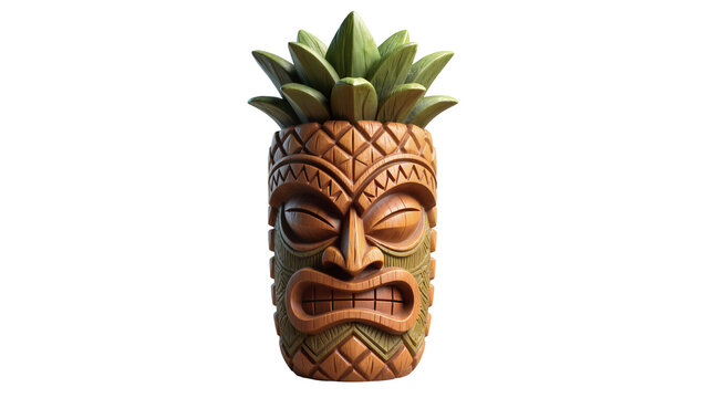 Wooden tiki statue with pineapple top and carved face