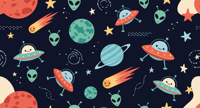 Fun outer space seamless pattern for kids featuring smiling aliens, colorful UFO spaceships, planets, comets, and stars on dark blue.