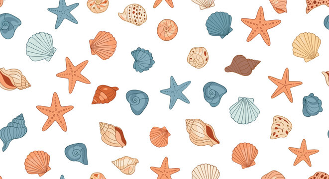 Seamless pattern featuring a variety of colorful hand drawn seashells and starfish scattered across a clean white background for summer theme.