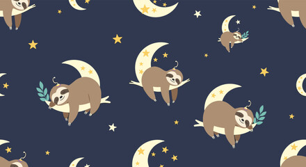 Fototapeta premium Sweet seamless pattern of adorable sloths sleeping peacefully on crescent moons surrounded by yellow stars in a dark night sky.