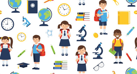 Fototapeta premium Seamless pattern of diverse school children wearing backpacks surrounded by educational icons like globes microscopes books and clocks.