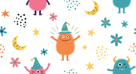 Naklejka premium Whimsical seamless pattern featuring colorful fuzzy monsters wearing wizard hats amidst stars flowers and crescent moons on white background.