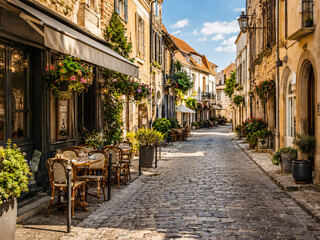 Obraz premium Charming European Cobblestone Street With Cafes and Flowers