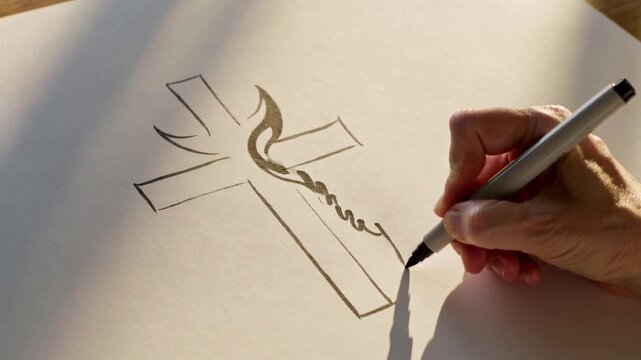 Tracing artist right hand marker poised, inking flame and cross on tabletop, finishing motif