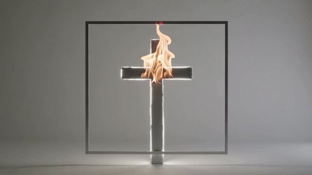 Starting small, flame anchoring metal T cross rising in studio with square frame base gray backdrop