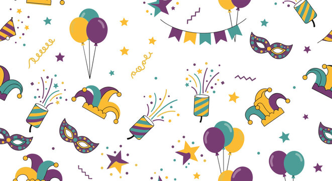 Festive mardi gras seamless pattern with colorful masquerade masks, balloons, confetti, and jester hats for carnival celebrations.