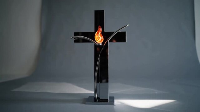Shifting camera angle showcasing polished metal cross on studio sweep, with flickering flame