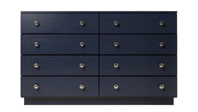 Dark blue wooden dresser with eight drawers and silver knobs