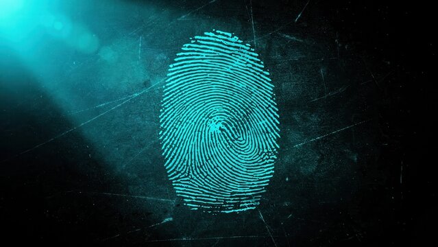 Glowing cyan biometric fingerprint scan on a dark textured background