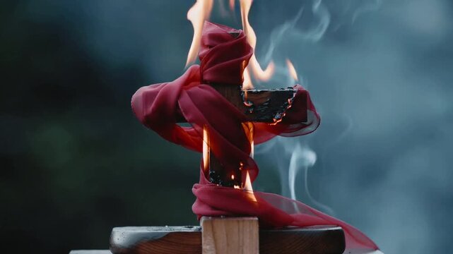 Starting flame igniting wooden cross wrapped in red cloth on block outdoors, smoke drifting right