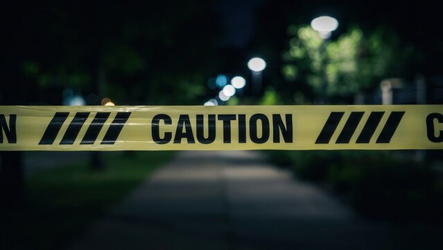 Yellow caution tape across a path at night in a park