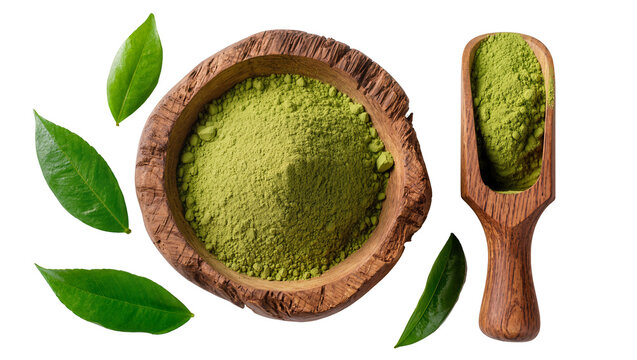 Green matcha powder in wooden bowl and scoop with leaves