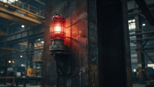 Red industrial warning light glowing in a large factory warehouse