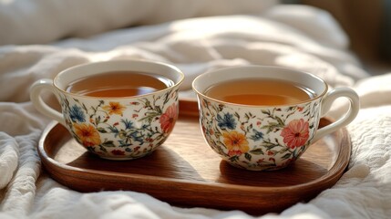 Fototapeta premium Two floral teacups on a wooden tray, nestled on a bed
