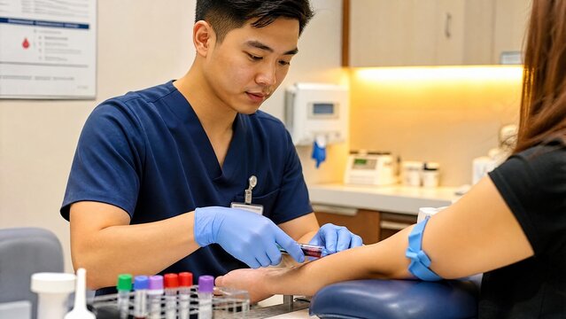 Male Asian Nurse Phlebotomist Drawing Blood Sample from Patient Arm for Medical Lab Test