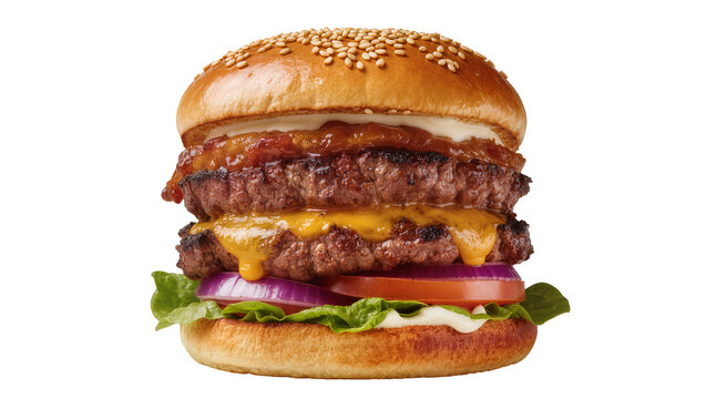 Double beef burger with melted cheese lettuce tomato onion, and sauce
