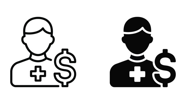 Doctor or medical professional avatar with dollar sign and cross symbol representing healthcare billing and private medical practice services vector icon set in outline and solid styles