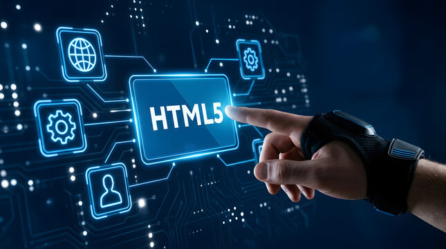 Hand Pointing to HTML5 Code on Futuristic Blue Circuit Board Background with Glowing Icons