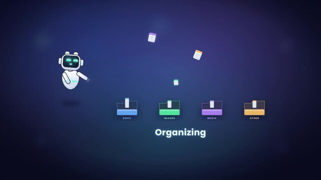 AI robot assistant organizing and sorting files into labeled folders by category and type
