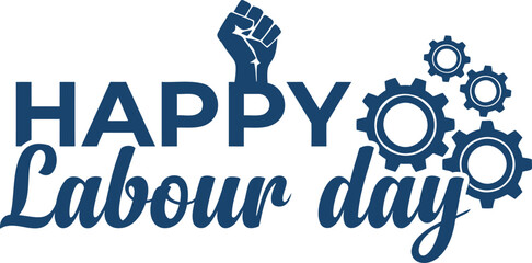 Naklejka premium Happy labor day silhouette graphic with raised fist and gears isolated on transparent background